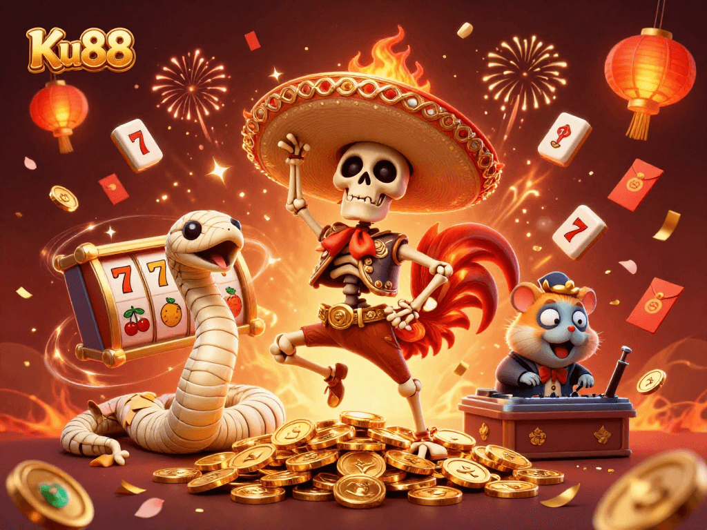 Experience Ku88's exciting slot reels with vibrant characters celebrating wins in a lively casino scene.
