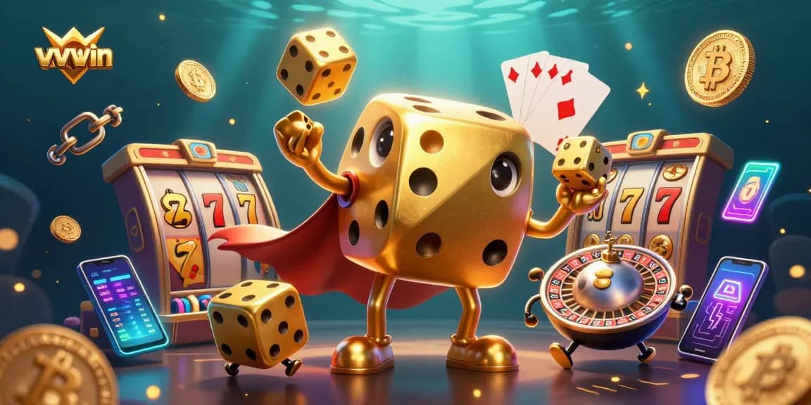 Experience vvvwin's thrilling gameplay with golden dice and vibrant slot machines.