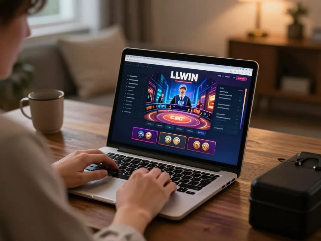 Engaging LLWIN online casino session with a player analyzing strategies on a laptop at home.