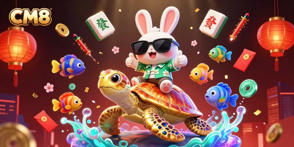 Experience thrilling rewards at CM8, a vibrant casino environment featuring a lucky rabbit, golden turtle, and festive decorations.