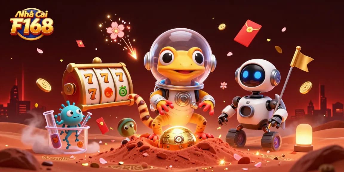 Playfully explore Nhà cái F168's golden casino as a Martian gecko discovers treasures in a vibrant atmosphere