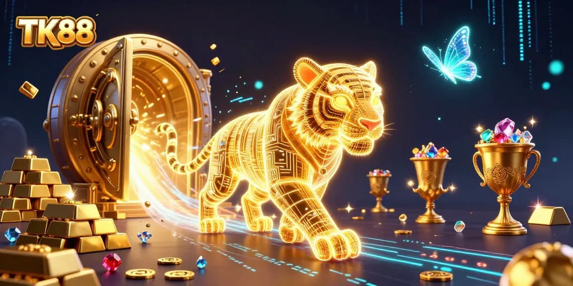 Engage with the vibrant TK88 casino experience featuring a neon golden tiger and holographic butterflies.