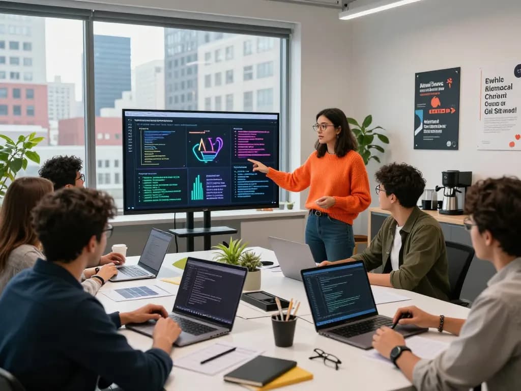 Researchers collaborating on AI sex ethics in a modern workspace, showcasing tech innovation and data visualizations.