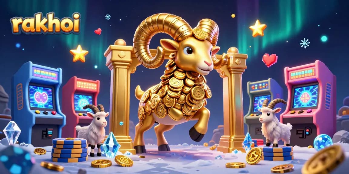 Experience the thrill of rakhoi's gaming magic with a dynamic golden ram charging at a golden gate.