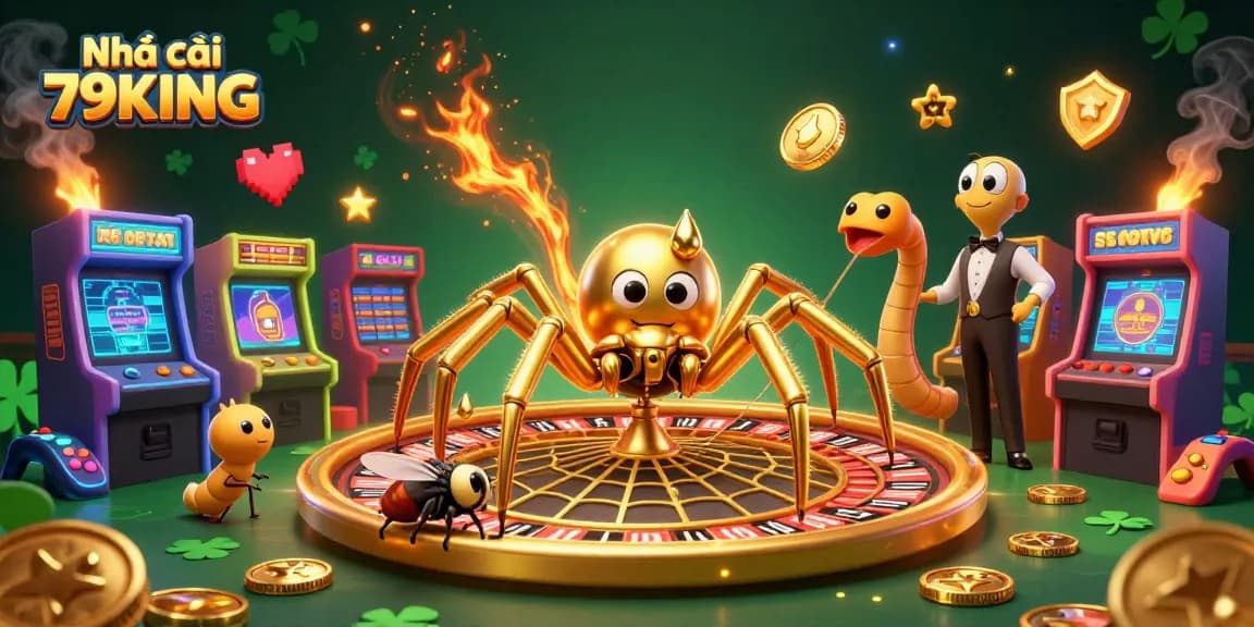 Engage with dynamic gaming elements at Nhà cái 79KING, featuring a lively spider and centipede in a bustling casino.