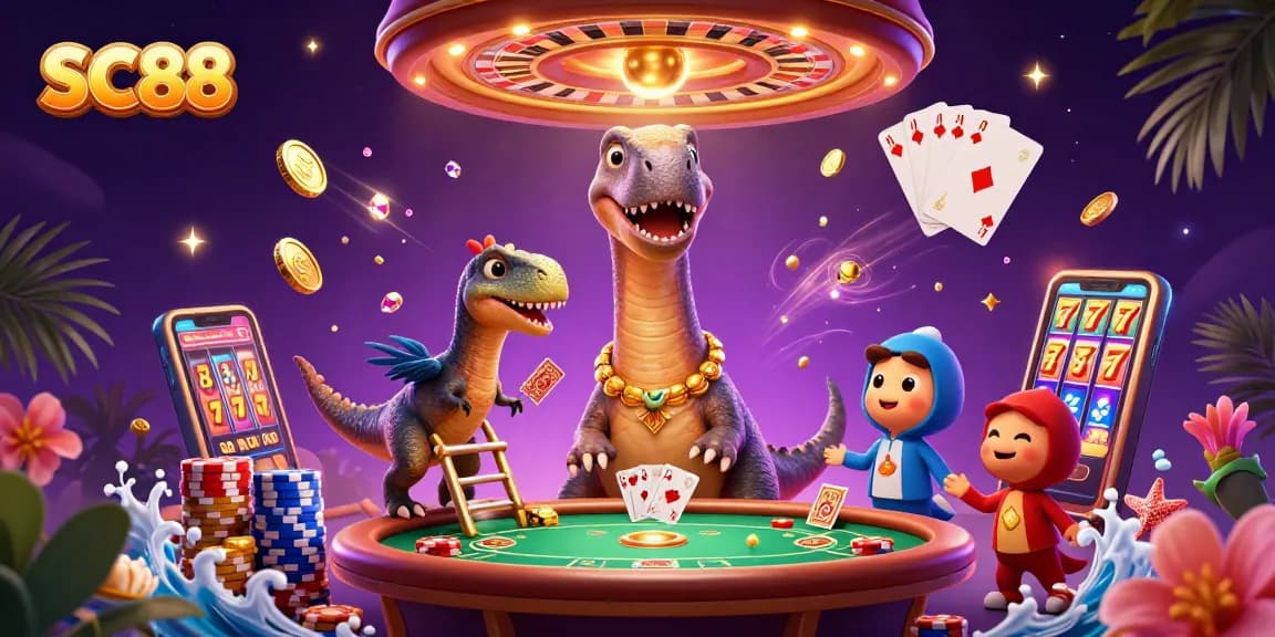 SC88 showcases a vibrant casino scene with a giant brontosaurus and a clever raptor dealing cards.