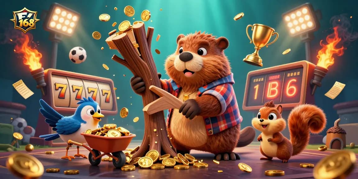 Spin the slot reels at F 168 while a beaver collects golden coins and friends join the jackpot fun.