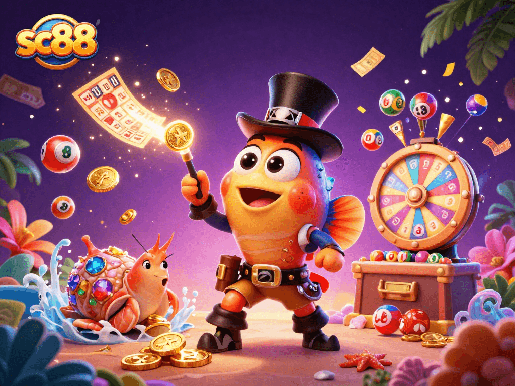 Engage with sc88's thrilling casino adventure through a dynamic 3D illustration full of action.