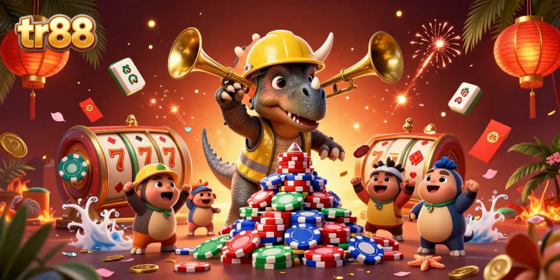 Engage with tr88's dynamic gaming scene featuring a triceratops building a poker chip pyramid.