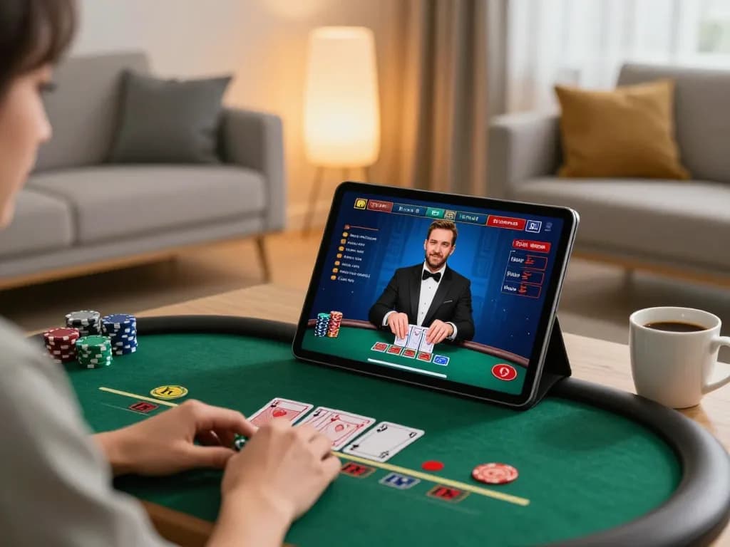 Person playing live blackjack on SC88 Com app in a cozy home setting, showcasing strategic gameplay.