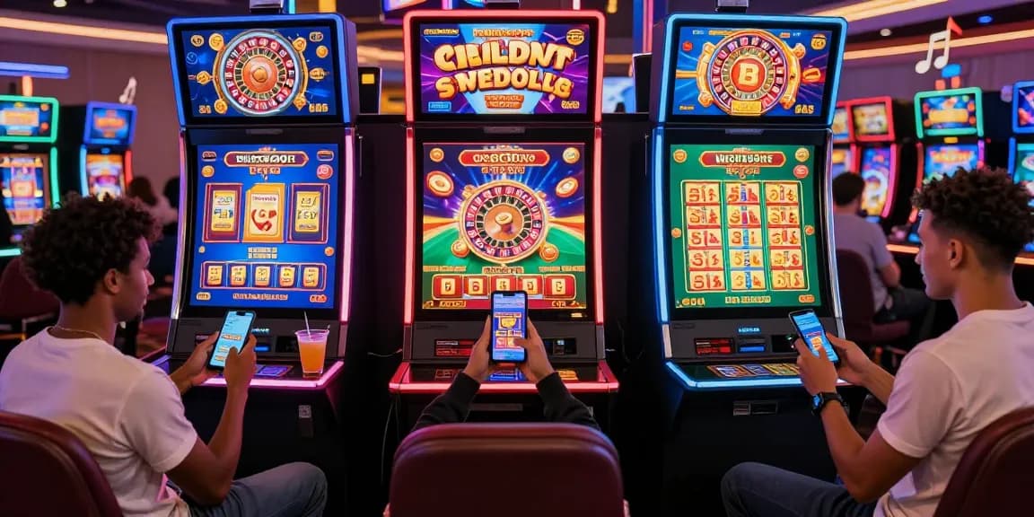 Players enjoying Winbox mobile casino games with vibrant slot graphics and engaging live dealers, creating an exciting gaming atmosphere.