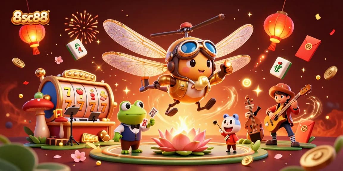 Experience the exciting action at 8sc88 with a colorful casino scene featuring a dragonfly pilot, frog dealer, and jazz-playing crickets.