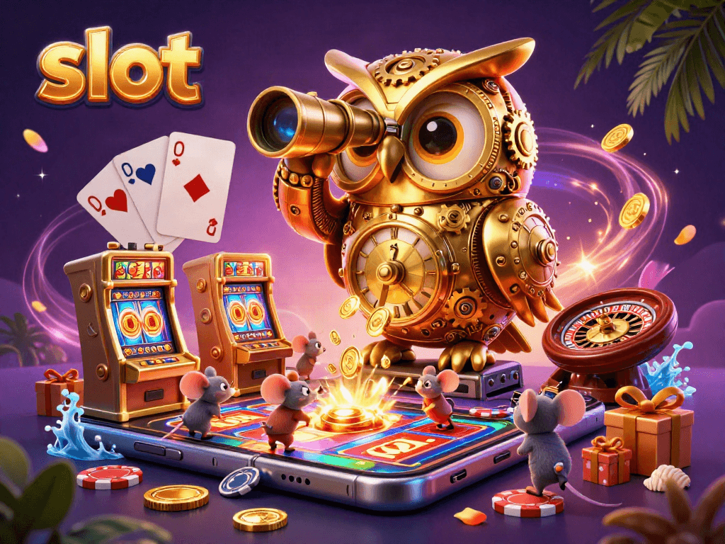Spin slot reels and win coins in this vibrant casino illustration featuring an owl and mice.