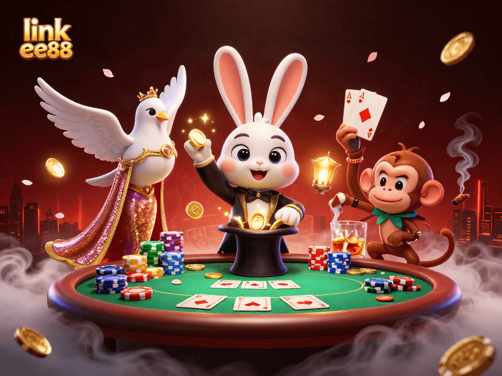 Engage with link ee88 as the magician rabbit conjures coins amidst a vibrant casino scene.