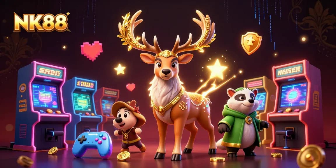 NK88 ignites excitement with a vibrant 3D casino illustration featuring mystical characters and gaming elements.