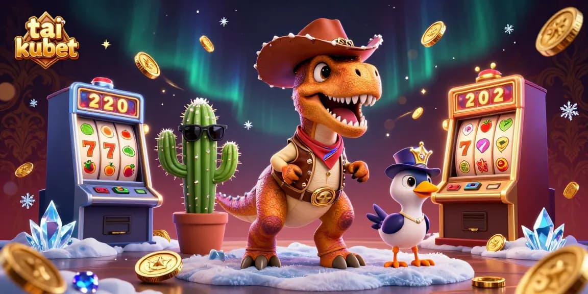 Experience the excitement of tai kubet with a fun 3D cartoon illustration featuring a dinosaur and friends in a casino.