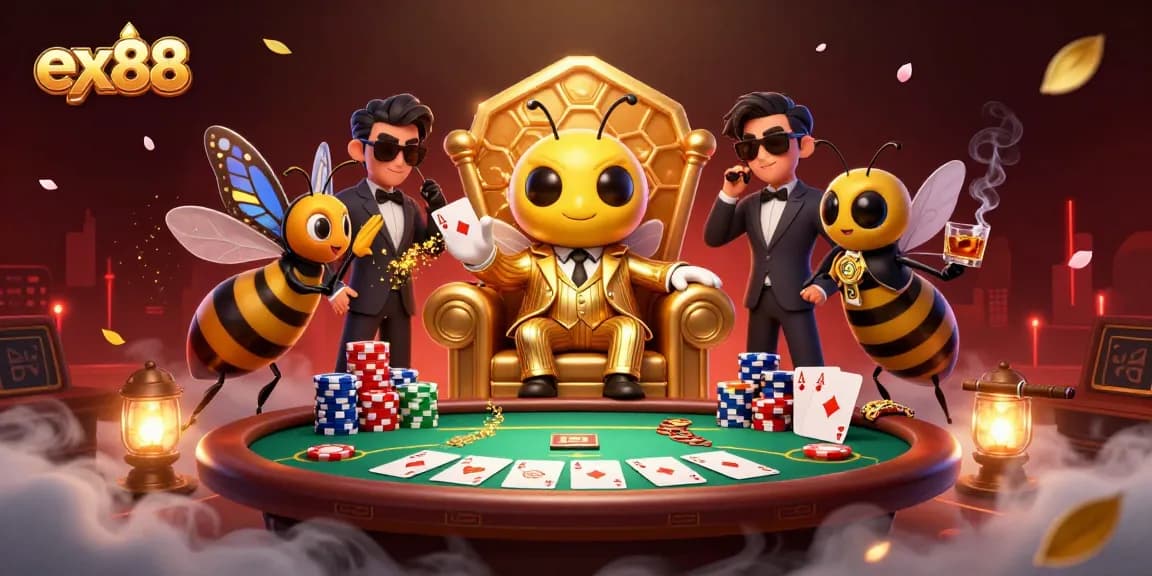 Engage in thrilling poker games with ex88's lively illustration featuring unique characters and vibrant casino elements.