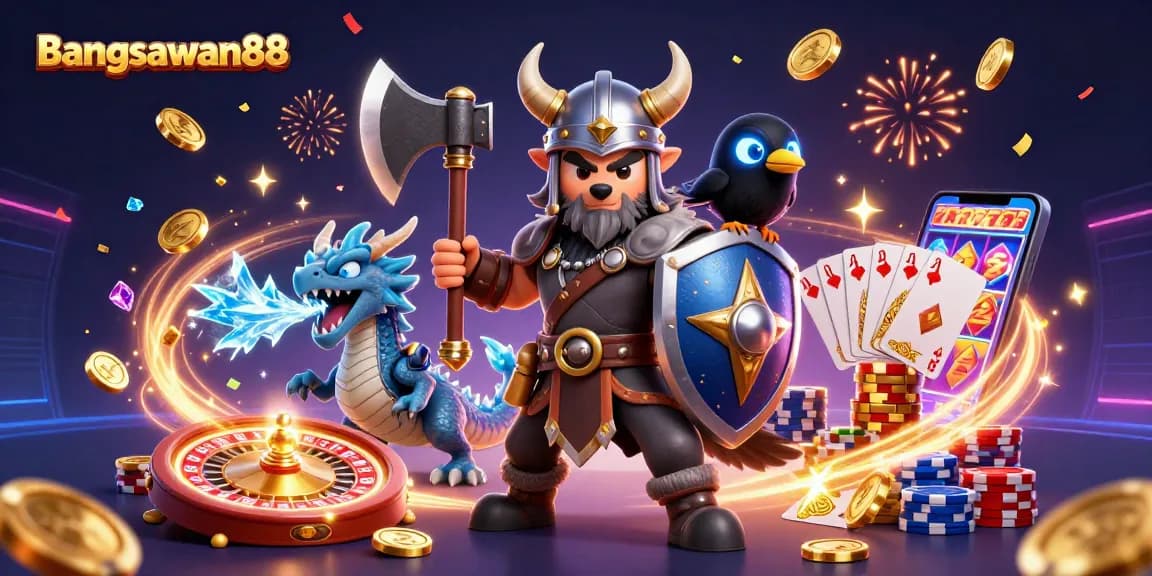 Bangsawan88 offers thrilling gambling experiences with a Viking warrior and a fierce dragon against an action-packed background.