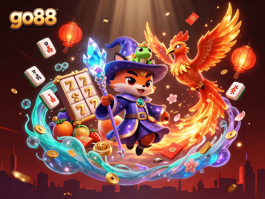 Experience thrilling casino action with go88's vibrant 3D gaming scene featuring mystical characters and slot symbols.