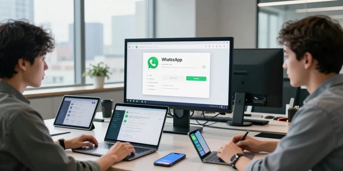 Engaging professionals discussing WhatsApp網頁版 in a modern office environment, highlighting collaborative tech.