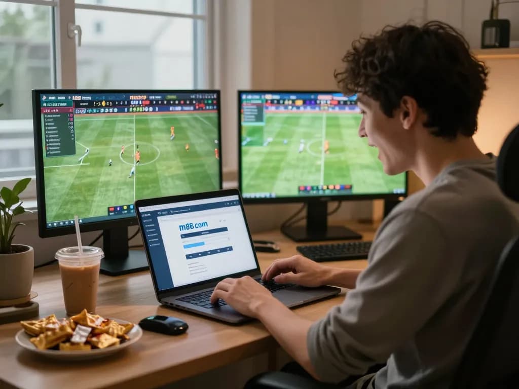 M88.com login page for sports betting shown on a laptop, capturing focused excitement in a modern setup.