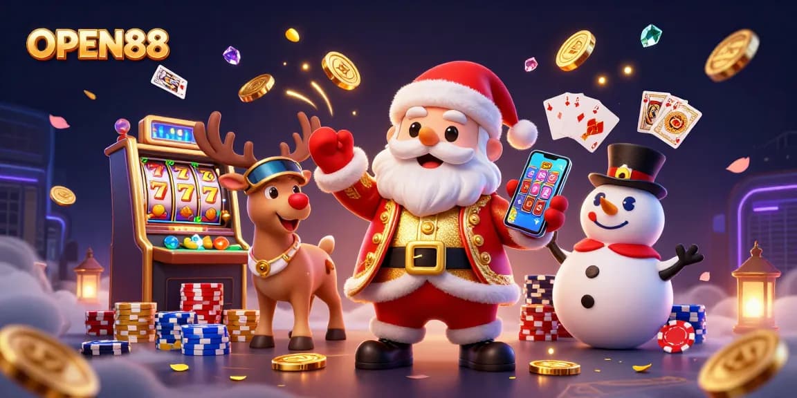 Spin to win with OPEN88 in a festive casino scene featuring Santa and friends!
