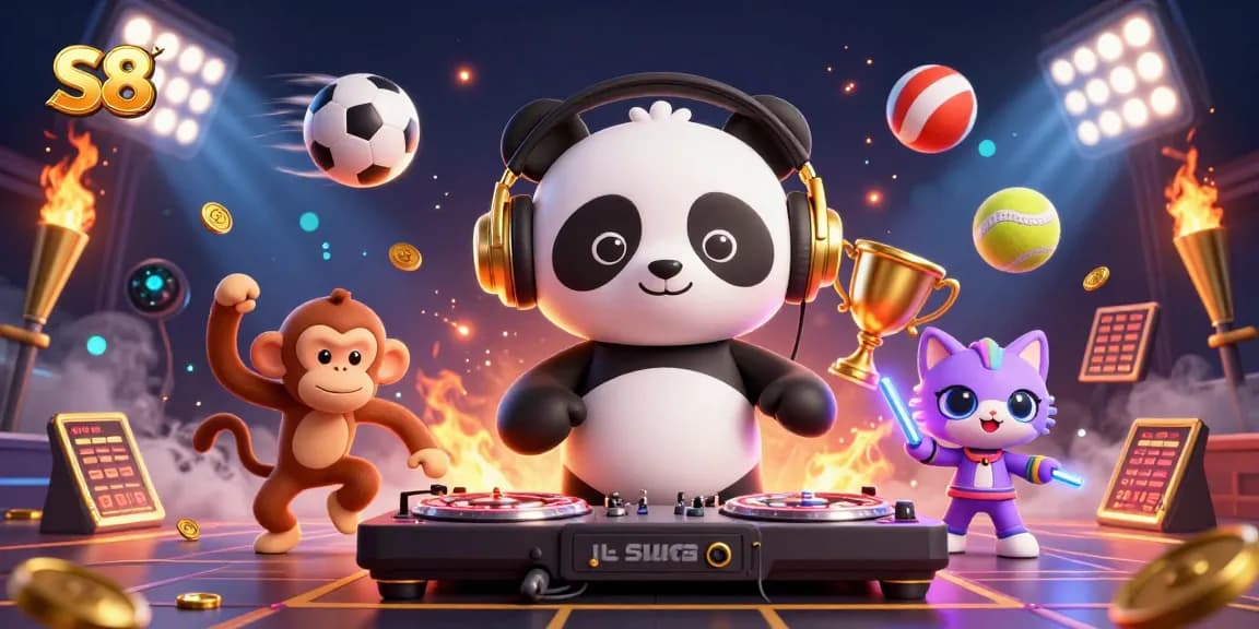 S8 casino scene featuring a DJ panda spinning roulette wheels with dynamic sports elements and vibrant atmosphere.