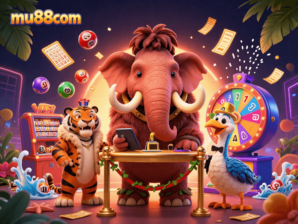 Experience the thrill of mu88com with vibrant casino characters and lottery excitement.