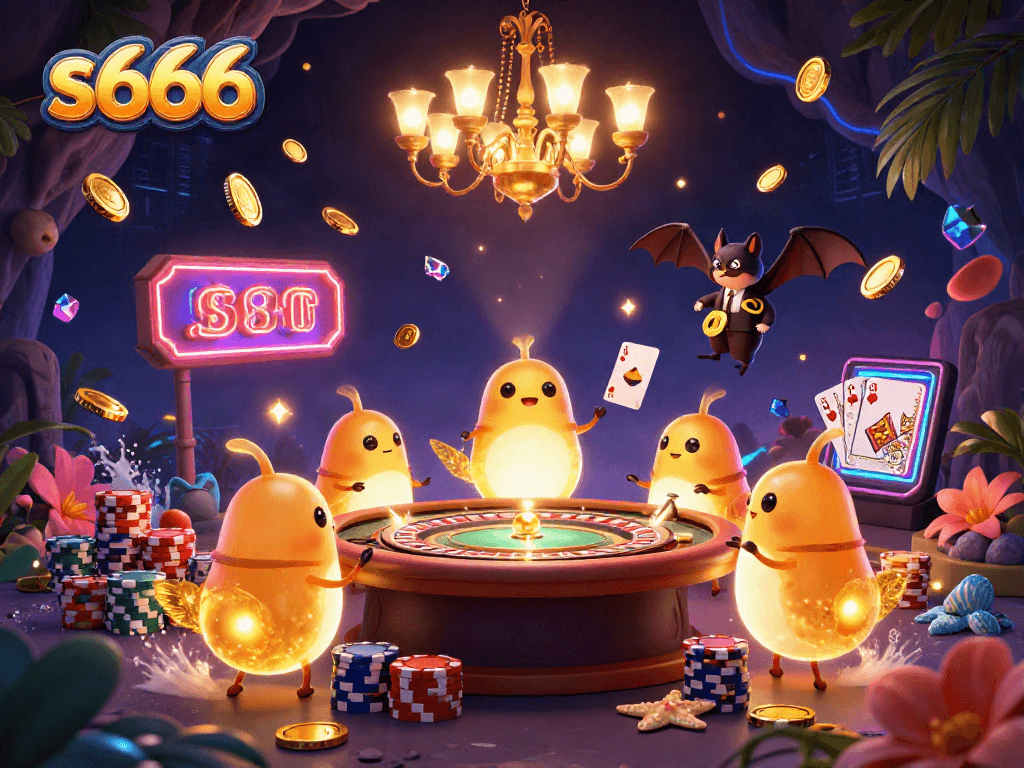 Experience the vibrant excitement of s666 casino with glowing glowworms, a bat dealer, and sparkling game elements.