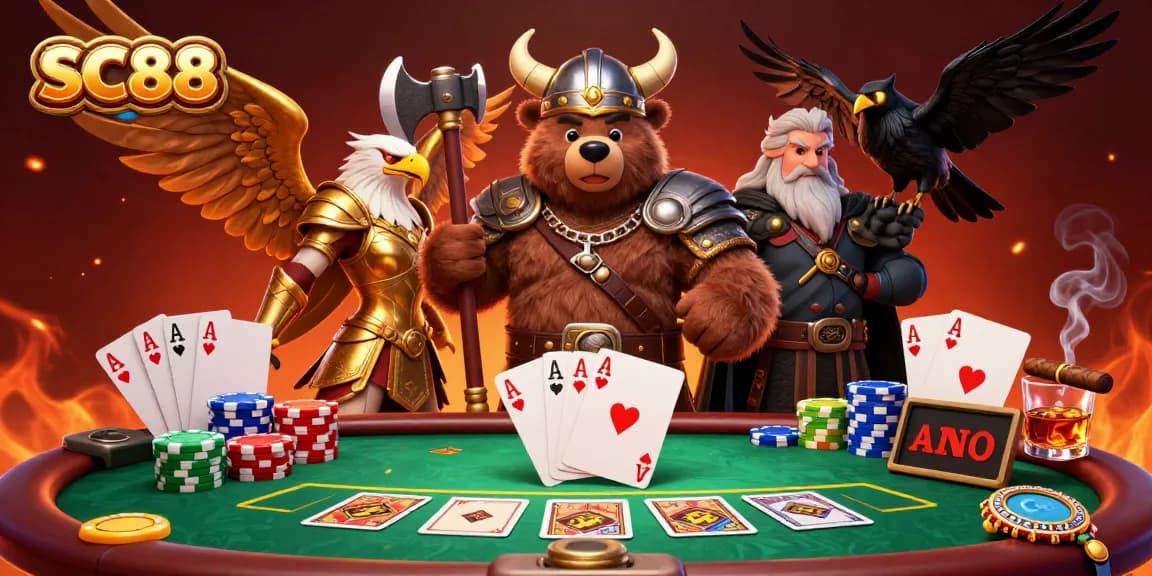 Engage in thrilling poker at SC88 with a Viking bear and Valkyrie eagle in a vibrant casino scene.