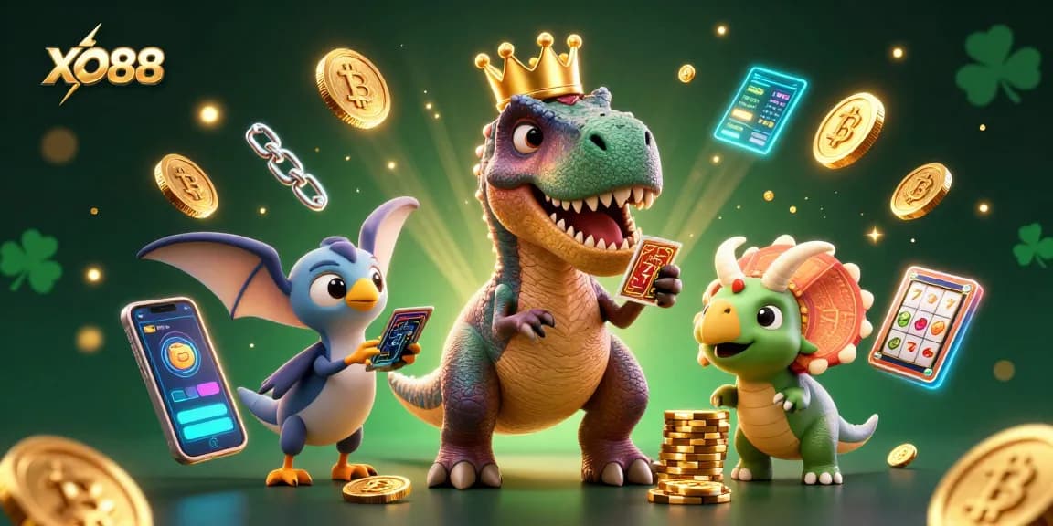 Play and win at XO88's dynamic casino scene featuring a fun cartoon T-Rex and colorful game elements.