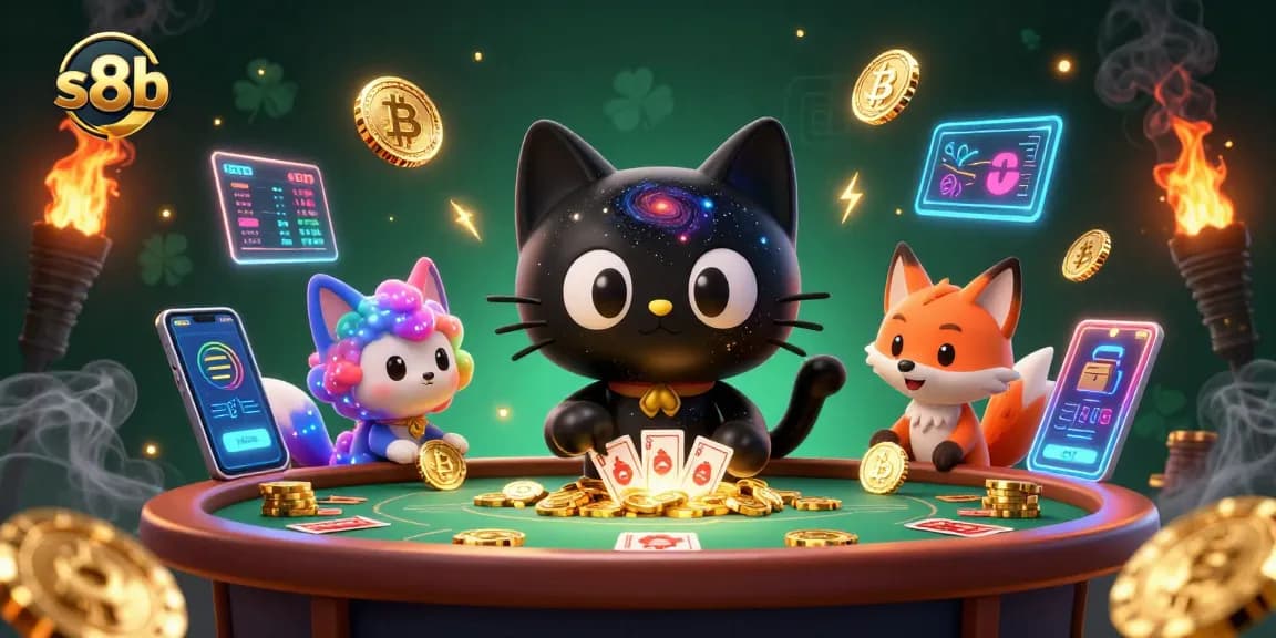 Engage with s8b in a dazzling cosmic casino scene featuring vibrant characters and interactive elements.
