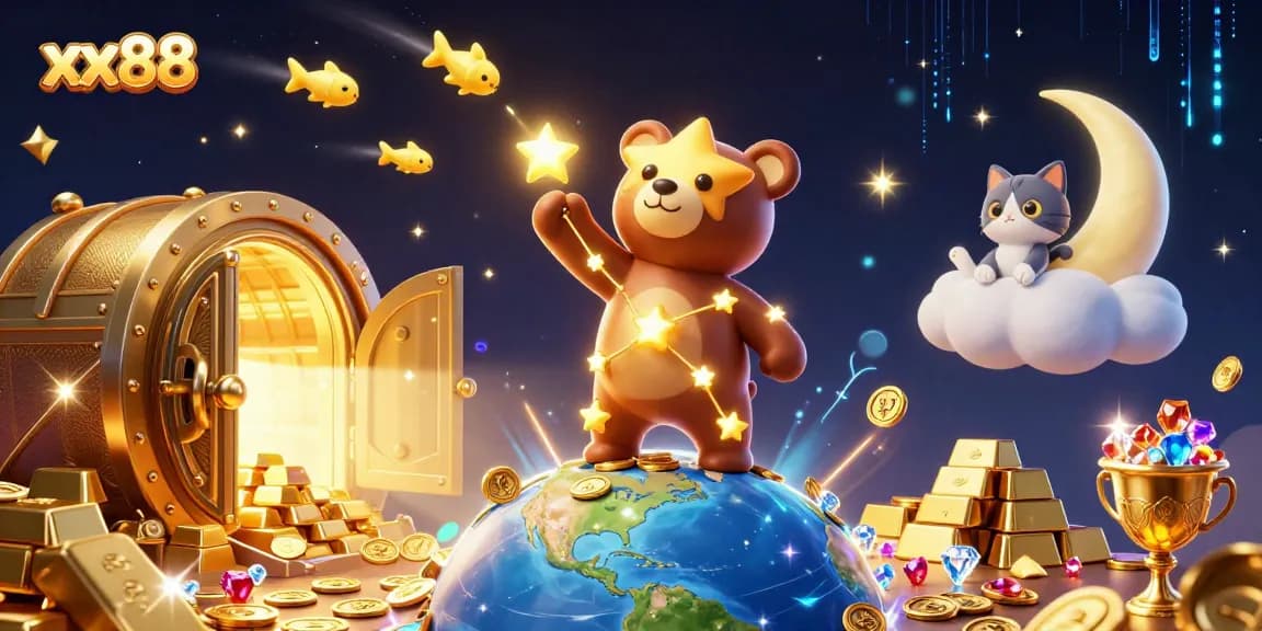 Engage with xx88 as the constellation bear scoops coins from Earth amidst a vibrant 3D casino scene.