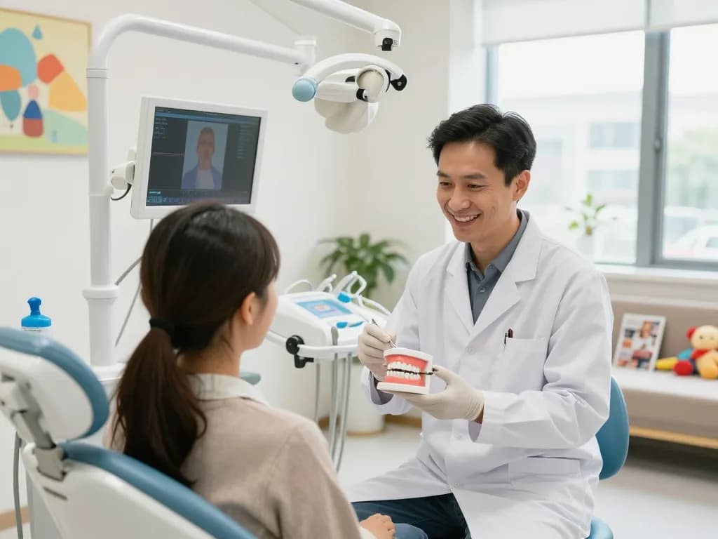 dental clinic near me providing a welcoming environment with a dentist educating a patient on dental care techniques.