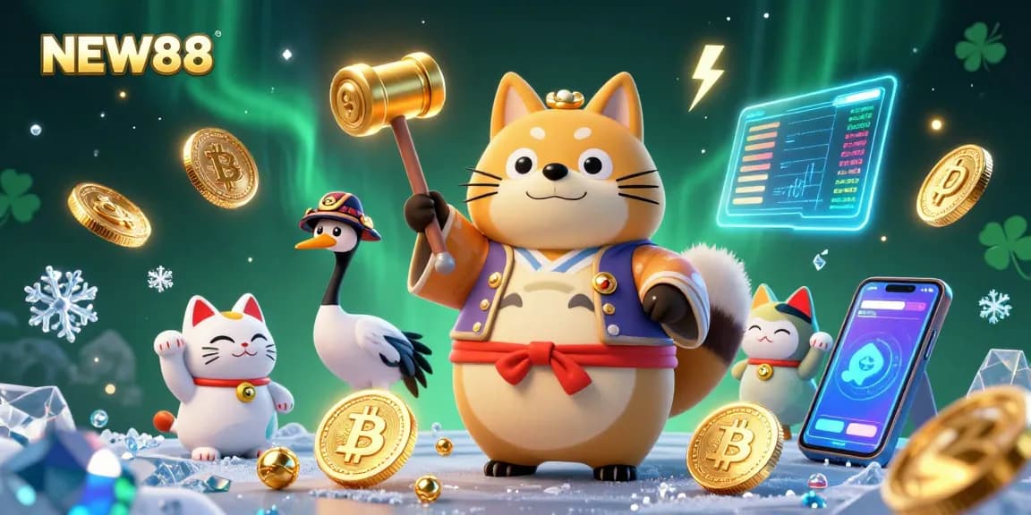 Experience winning strategies with NEW88 in this vibrant 3D casino scene featuring fortune cats and a cheerful tanuki.