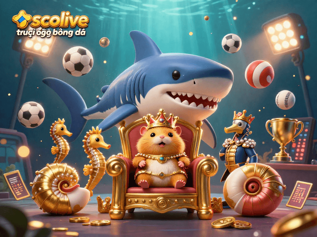 Socolive trực tiếp bóng đá showcases a golden hamster king with seahorse guards amidst action-packed sports elements.