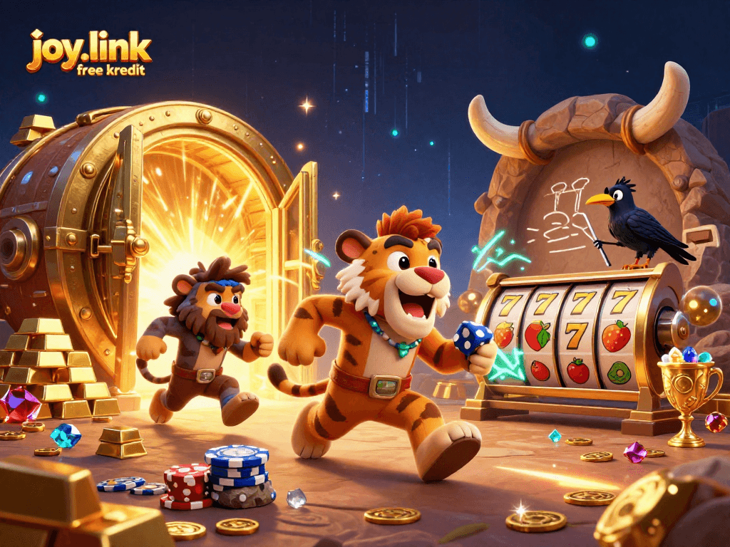 Engage in epic fun with joy.link free kredit at this prehistoric casino scene featuring vibrant characters and treasures.
