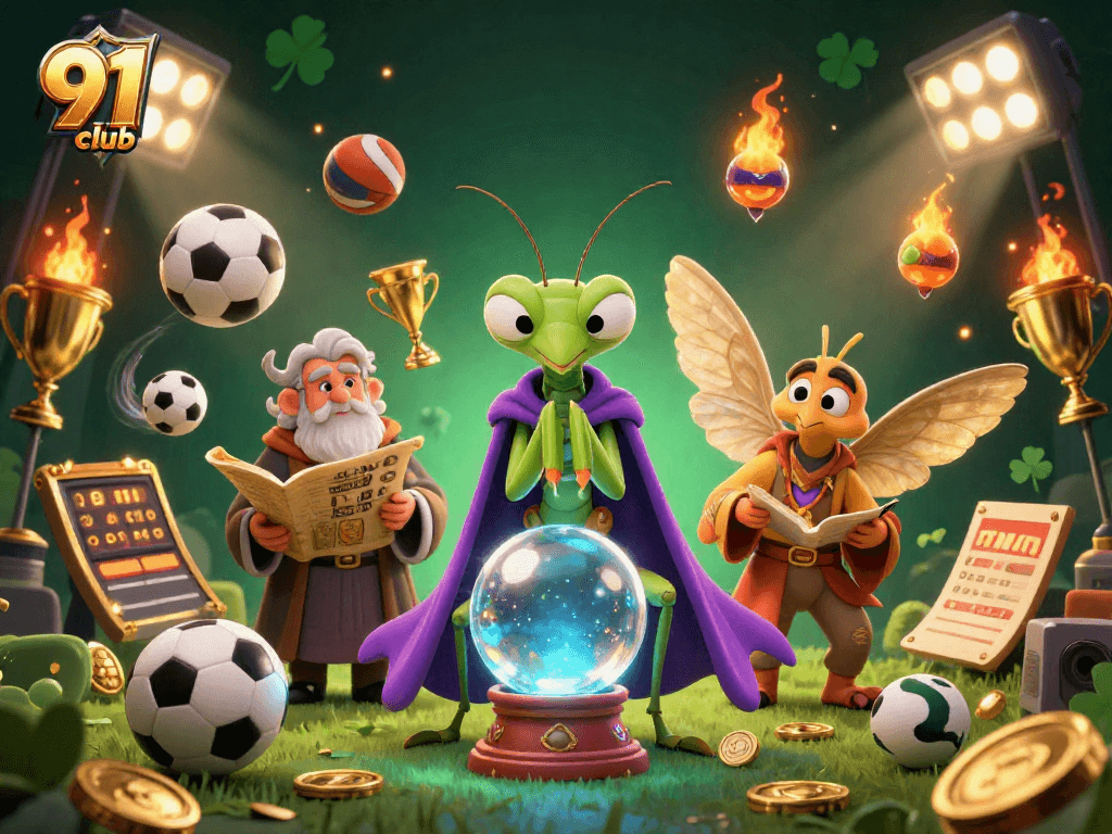 Play exciting games at 91 club, featuring unique characters and vibrant sports elements in a dynamic scene.