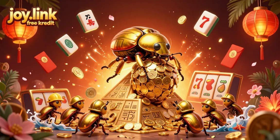 Experience the excitement of joy.link free kredit with golden beetles in a vibrant casino scene, full of energy and symbolism.