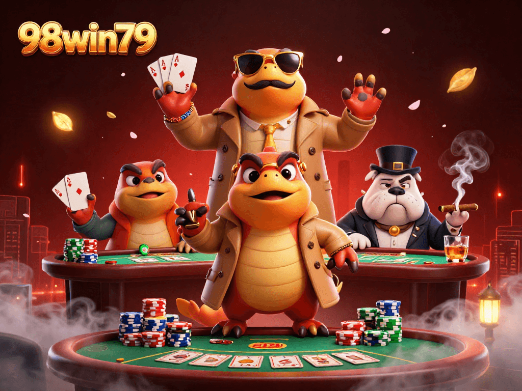 Experience the fun at 98win79 with cartoon raptors entering a VIP casino lounge.