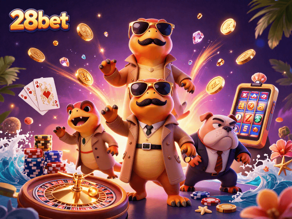 Experience thrilling gameplay with 28bet as 3D raptors strike a deal at a vibrant casino scene.