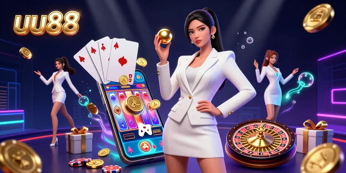 Play and win with uu88 in a vibrant 3D illustration showcasing a confident Asian woman at a virtual casino.