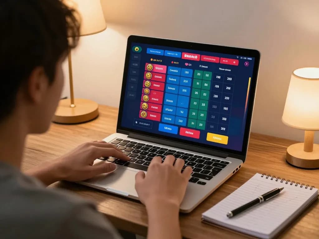Playing lô đề online on a laptop with strategy notes in a cozy home setting