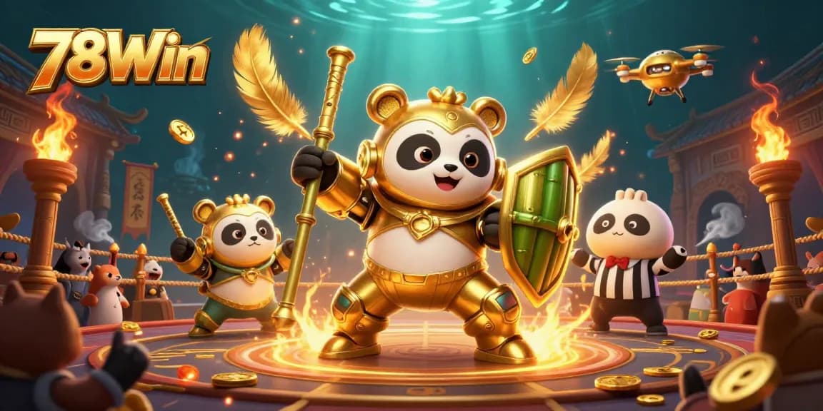 Experience thrilling action at 78Win with a mech-suit panda and bamboo robot in an epic casino arena.