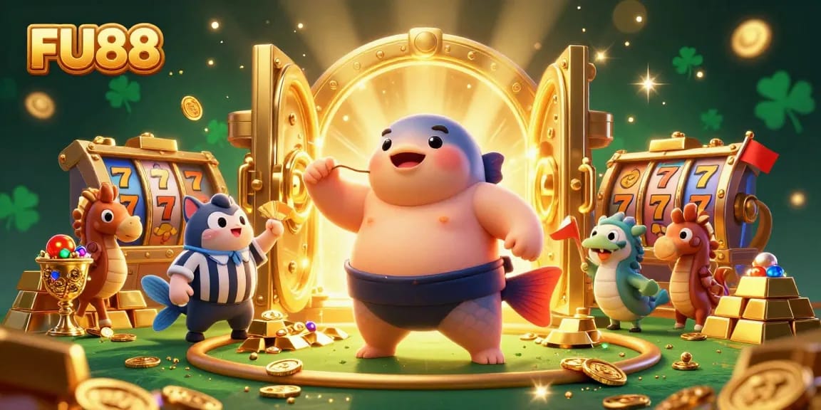Join the excitement at FU88 with dynamic casino elements in an underwater scene featuring a fugu and more!