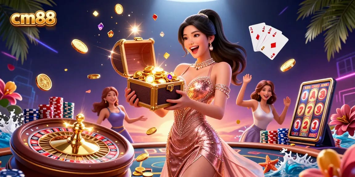 Experience exciting wins at cm88 casino, showcasing a glamorous Asian dealer with treasures.