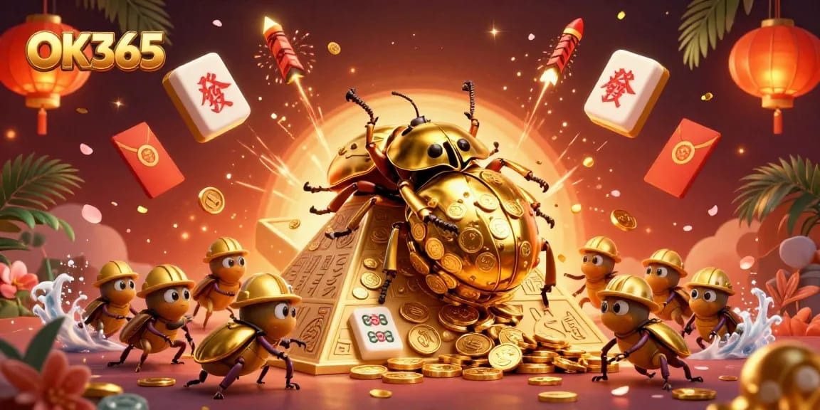 Experience the excitement of OK365 with golden coins and dynamic characters in a vibrant casino-themed scene.