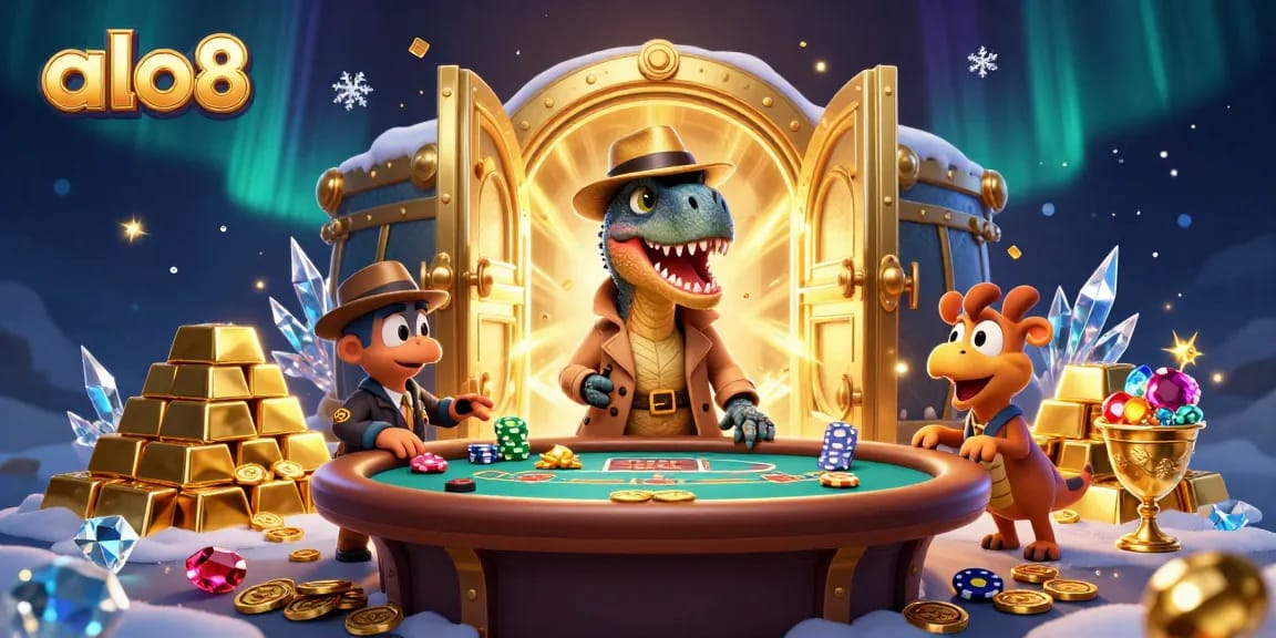Winning at alo8 casino with a velociraptor card counter and stegosaurus pit boss in a vibrant scene.