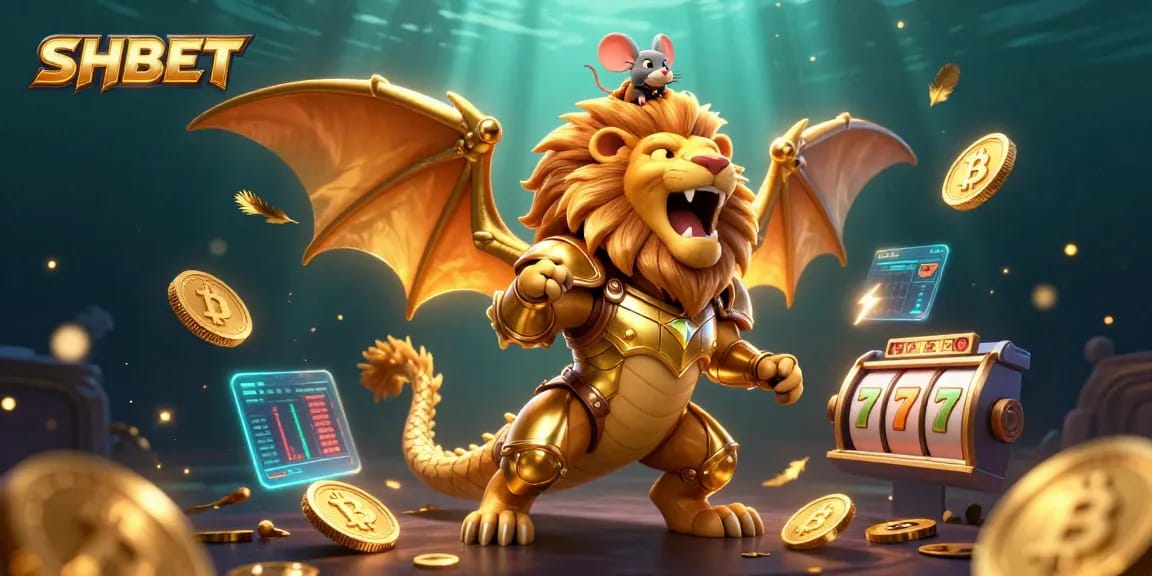 Experience thrilling casino gameplay at SHBET with dynamic 3D characters and sparkling golden elements.