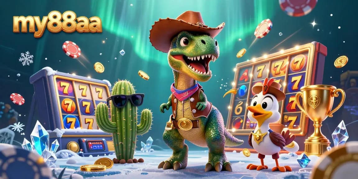 Engage in thrilling gameplay at my88aa with a vibrant illustration of a T-Rex character and casino elements.